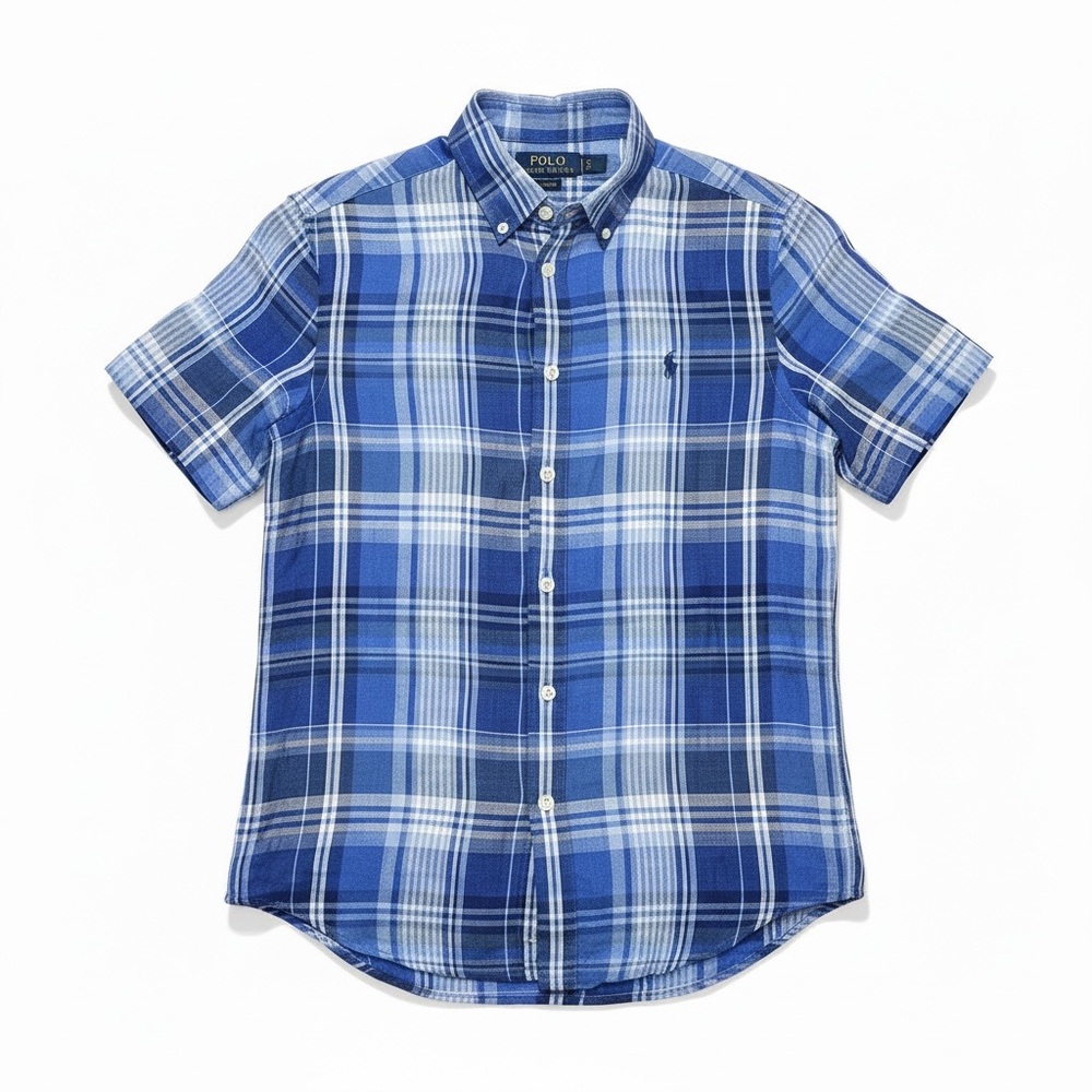 Polo Ralph Lauren Boys Linen Blue Plaid Short Sleeve Shirt Classic Preppy Summer